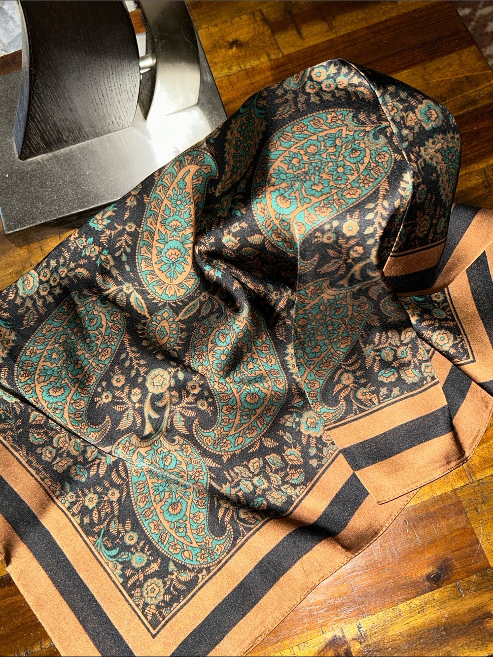 Blue-Green & Brown Classic Paisley Square Scarf | 27.5” - Picture 2 of 11